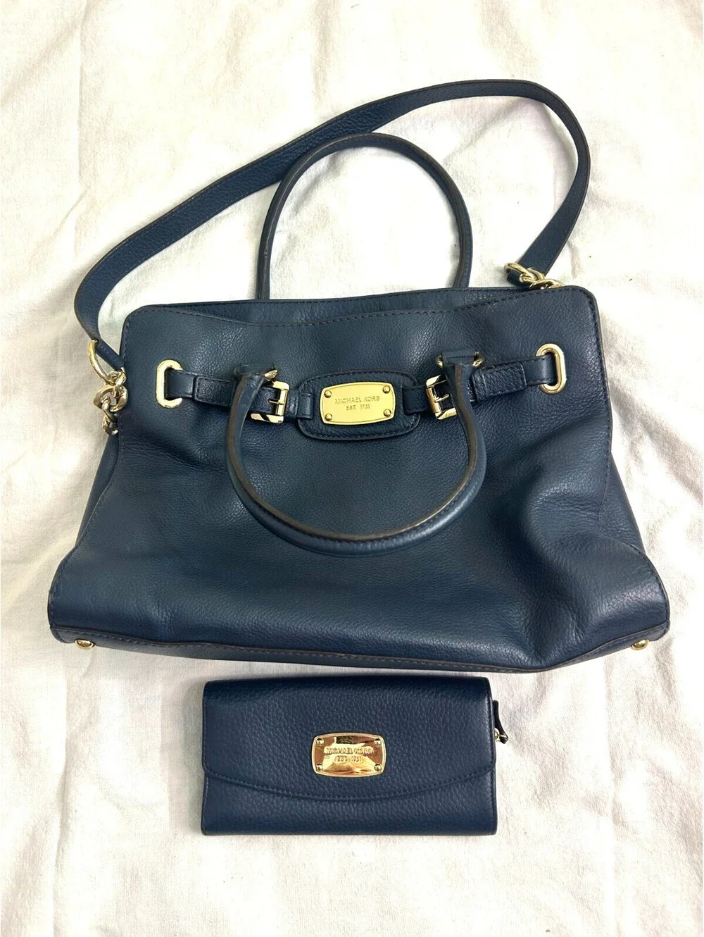 Michael Kors Hamilton Navy Blue Leather Satchel Bag With Matching Wallet Set
